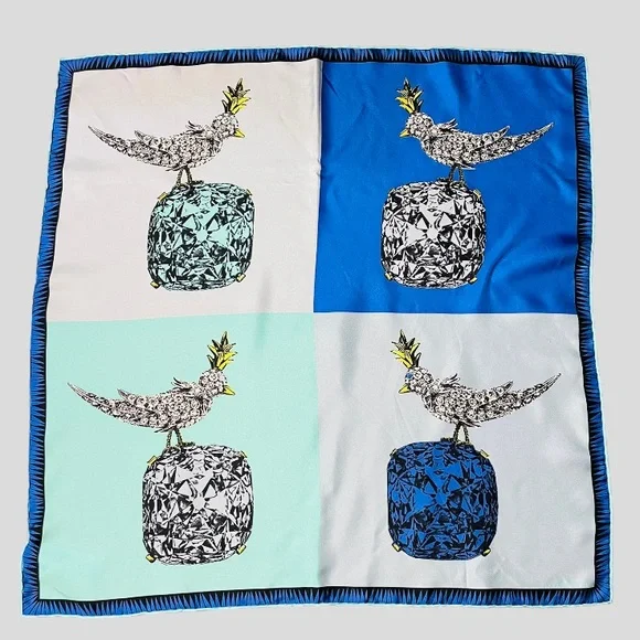 TIFFANY BIRD ON A ROCK INFINITY BLUE SILK SCARF ITALY - Picture 2 of 14